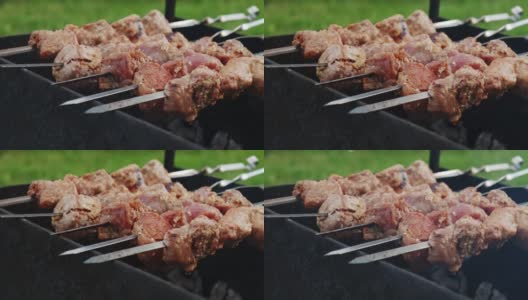 热烧烤烧烤烤肉串木炭熟的肉。近距离高清在线视频素材下载