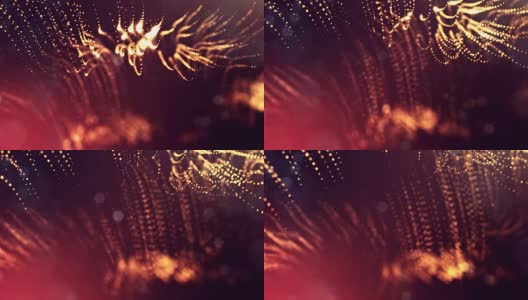 发光粒子的3d渲染循环动画形成摆动线作为摆动的花环作为节日背景或抽象背景的粒子与景深和散景像vj循环。红金2高清在线视频素材下载