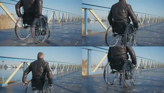 残疾人在桥上开车，残疾人自信，男性残疾人高清在线视频素材下载