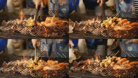 夜市烧烤虾，泰国街头小吃高清在线视频素材下载