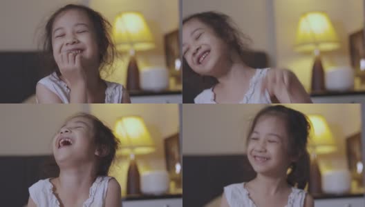 4张照片，可爱的5岁亚洲女孩在卧室里笑着笑着，脸上带着滑稽和幸福的表情，表现出积极的情绪和漂亮孩子的快乐时刻。高清在线视频素材下载