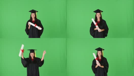 年轻激动的女人毕业在长袍与文凭高清在线视频素材下载