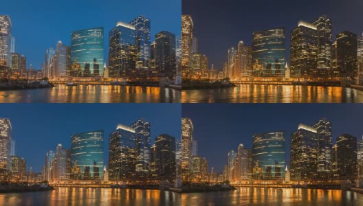 芝加哥市中心日落时间与河上的船只高清在线视频素材下载