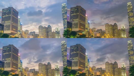 城市中拥挤的高楼大厦在黄昏和日落的时间流逝高清在线视频素材下载