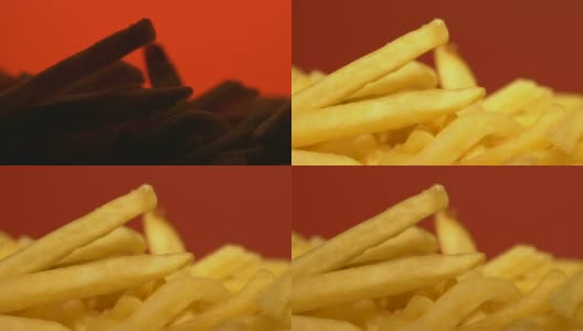 关闭薯条，不健康的高脂肪食物与大量的卡路里高清在线视频素材下载