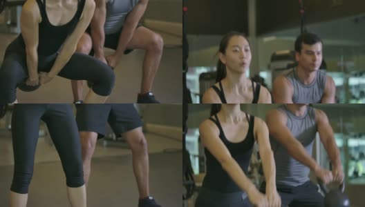 男男女女在健身房里用壶铃做运动。高清在线视频素材下载