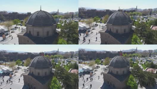 土耳其开塞里共和国广场上泽耶尔·阿比丁墓和开塞里城堡的鸟瞰图开/土耳其04/26/2017高清在线视频素材下载