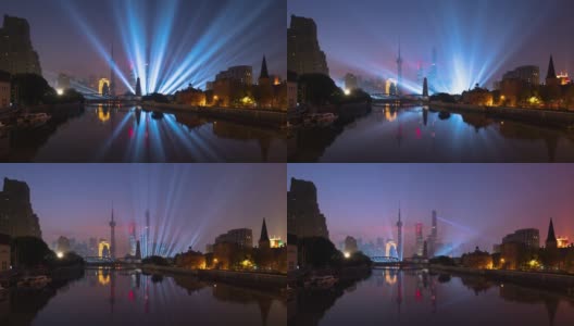 4k时光流逝:国庆灯光秀，反思中华人民共和国成立70周年，上海外白渡桥高清在线视频素材下载