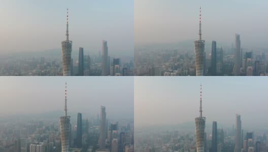 阳光灿烂的傍晚广州市著名的塔顶市中心区航拍全景4k中国高清在线视频素材下载