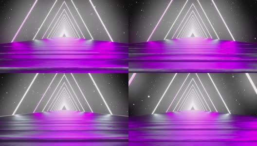 三维渲染，抽象的背景，虚拟现实，电脑生成荧光紫外线，发光的霓虹灯线，一个三角形隧道与直线平滑的道路高清在线视频素材下载