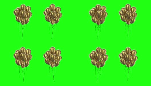 金色氦气球的花束与绳索在中间隔离在绿色屏幕背景4K高清在线视频素材下载