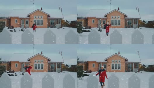 美丽的年轻微笑女人跳跃和旋转下飘落的雪。穿红外套戴围巾的女孩在后院享受冬天。田园诗般的房子站在背景。高清在线视频素材下载