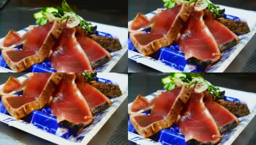 生金枪鱼，金枪鱼寿司和传统的日本菜沙拉切片高清在线视频素材下载