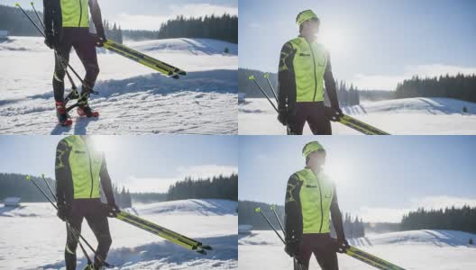 一个年轻男子越野滑雪运动员的肖像高清在线视频素材下载
