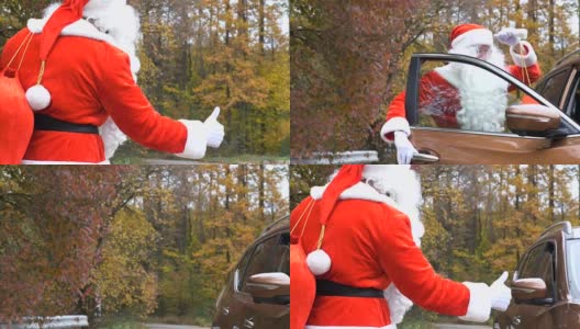 圣诞老人搭车在森林道路上的背面视图50帧/秒高清在线视频素材下载