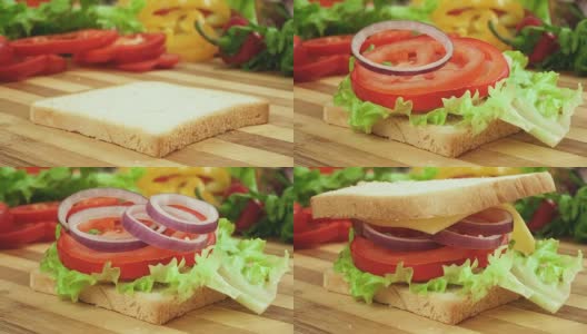 用番茄、火腿、蝴蝶结、奶酪和沙拉制作三明治的定格视频高清在线视频素材下载
