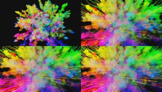 爆炸的火药孤立在黑色背景。3d动画的粒子作为彩色的背景或覆盖效果。迸发出彩虹般的色彩，粉饼呈现出明亮如胡里节。10高清在线视频素材下载