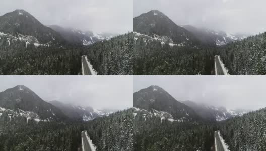 汽车驾驶史诗般的山区公路暴风雪雾雪冬季条件茂密的常绿树木森林高清在线视频素材下载