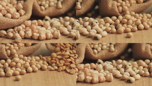 木制书桌上的各种豆类为素食者提供健康和蛋白质的食物高清在线视频素材下载