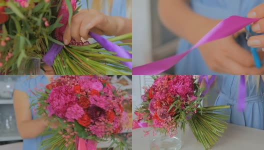 4次。专业花匠在花店制作漂亮的花束高清在线视频素材下载