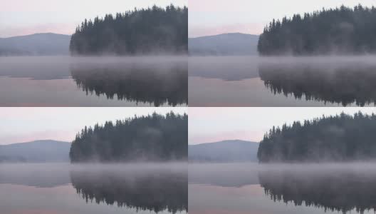 日出与飘浮的雾透过树木在山上湖高清在线视频素材下载