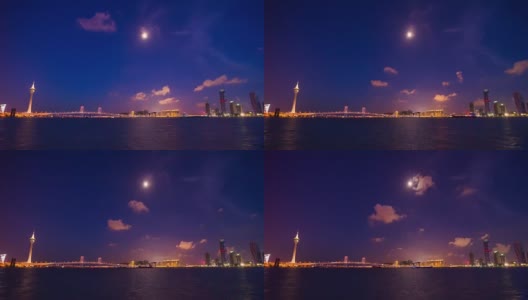 中国夜光珠海湾澳门城著名塔海岸线全景4k时间高清在线视频素材下载