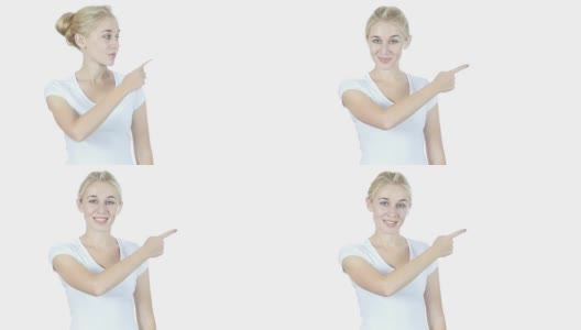 女人指方向在一边，白色背景高清在线视频素材下载