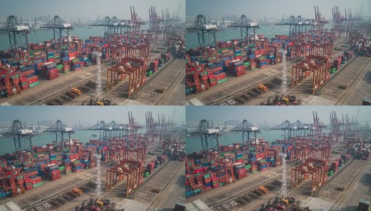 香港进出口业务物流中国际港口用起重机装载集装箱的时间间隔(缩小)高清在线视频素材下载