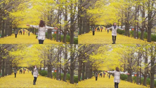 微笑的年轻亚洲妇女游客散步和享受美丽的黄色银杏叶在秋天在昭和Kinen公园在日本。日本旅游度假和季节变化的概念。高清在线视频素材下载