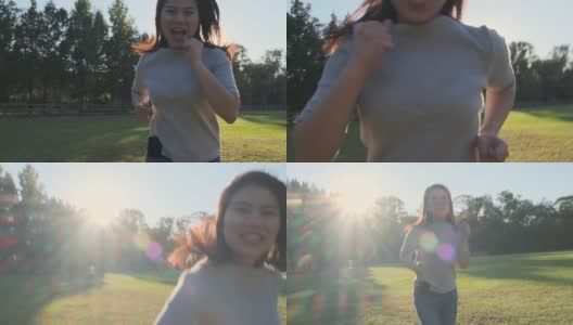 放松，随意，自由亚洲女性成熟的成年人微笑着，快乐地奔跑，在公园森林公园与falre阳光高清在线视频素材下载