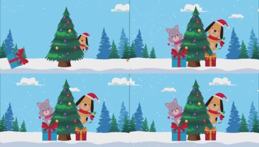 快乐圣诞动画与狗和猫在松树高清在线视频素材下载