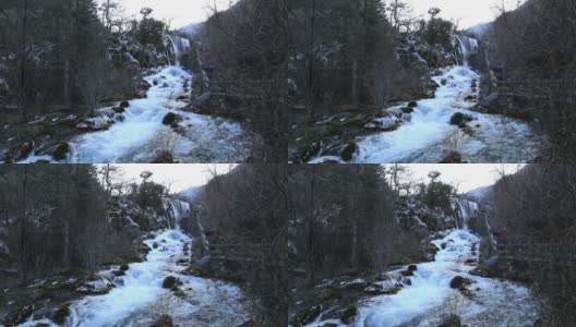 九寨沟冬天的五彩湖，瀑布，森林，山脉高清在线视频素材下载