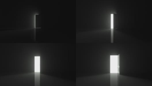 黑暗房间的门打开，4K分辨率的明亮白光充满整个空间。光线穿过。打开门的3D渲染动画。高清在线视频素材下载