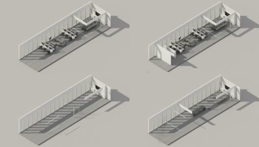建立室内模拟现代办公室灰色地毯地板，工作台，接待室和等候室，会议室和办公家具和大窗户。3d渲染动画循环等距高清在线视频素材下载