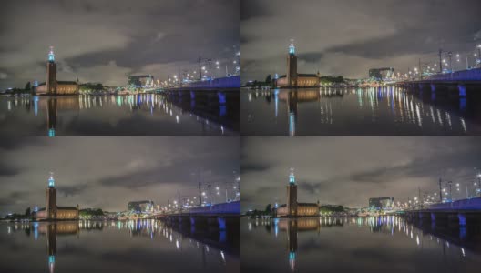 高清时间流逝:斯德哥尔摩市政厅和桥倾斜高清在线视频素材下载