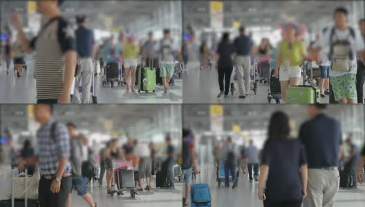 HD:旅客和旅客在机场的始发站行走，慢镜头和模糊的概念高清在线视频素材下载