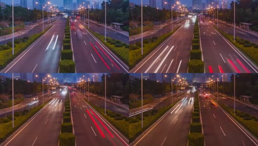 时光流逝，现代建筑背景下的夜间汽车交通，厦门，中国高清在线视频素材下载