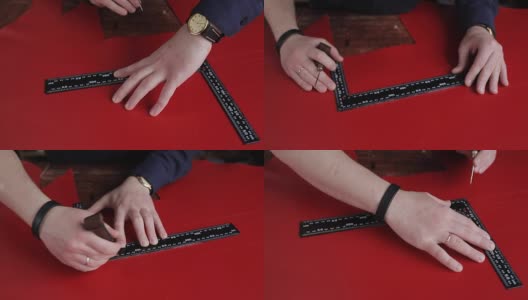 这是一个人的手的特写镜头，他把皮革材料切成条状，在他的工作室里工作，这位大师用一把尺子和一把刀来制作手工制品高清在线视频素材下载