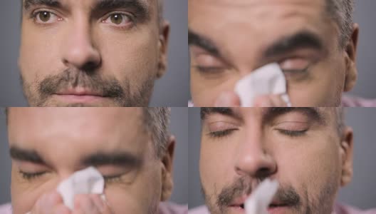 病人打喷嚏时用餐巾纸擦鼻子，脸部特写高清在线视频素材下载