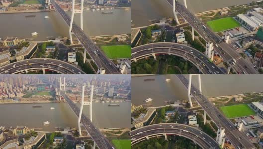 中国艳阳天上海市内交通路口沿河航拍全景4k高清在线视频素材下载