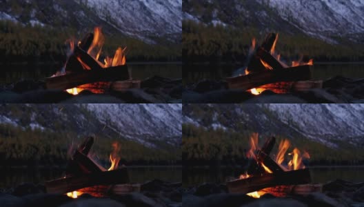 阿尔泰山脉下多恩斯科湖岸边的篝火在深夜，山上覆盖着雪高清在线视频素材下载