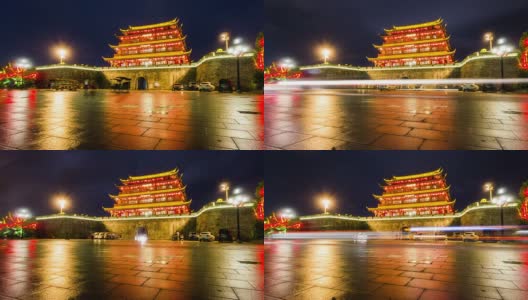 潮州古城门和古城墙的美丽夜景，中国广东省高清在线视频素材下载