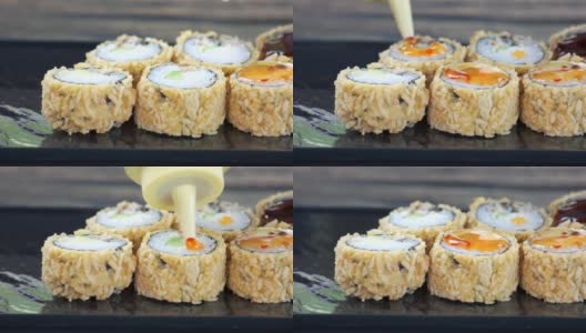 脆脆的寿司卷蘸酱。高清在线视频素材下载