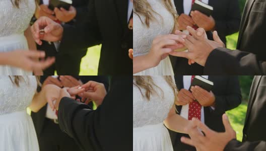 新郎和新娘在婚礼当天交换戒指高清在线视频素材下载