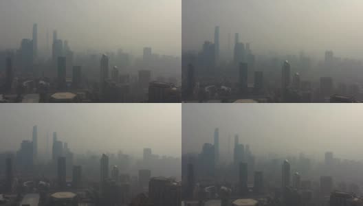 日落时间雾霾飞行在广州市区航拍全景4k中国高清在线视频素材下载