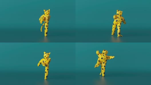 3d黄色豹子与黑色斑点孤立在绿色背景。快乐的卡通人物，有趣的吉祥物，充气猫玩具派对舞蹈循环动画，现代最小无缝运动设计高清在线视频素材下载
