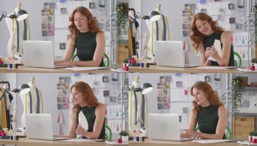 在时尚工作的女性企业主展示设计使用笔记本电脑视频通话高清在线视频素材下载