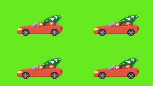 圣诞老人开着一辆红色的车，上面有一棵圣诞树，绿色的背景上放着礼物。高清在线视频素材下载