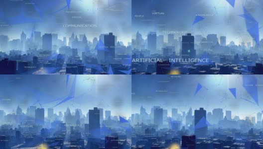 4k人工智能文字标签云，城市抽象科技线节点。高清在线视频素材下载