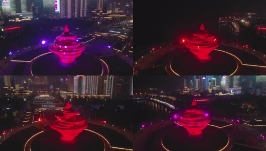 夜光青岛市著名纪念碑广场高空俯视4k中国全景高清在线视频素材下载